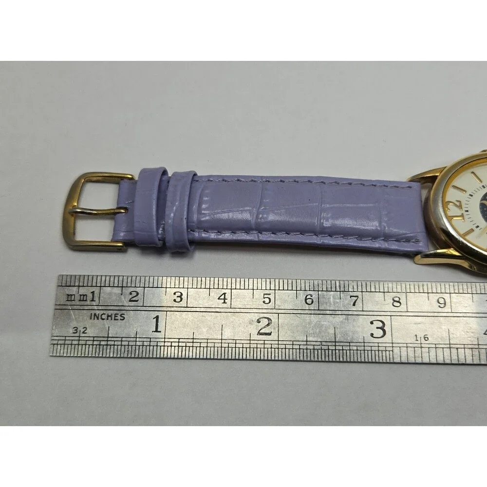Womens Vintage Avon Moon Phase Date Womens Gold Tone Leather Watch New Battery